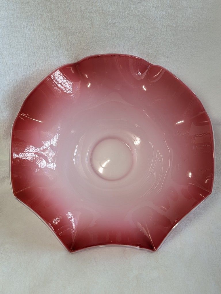 Vintage Antique Victorian Cranberry Scalloped Edge Glass Bowl Large Pink White 