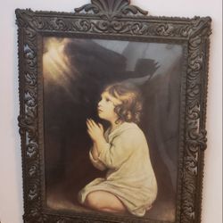 Antique French Rococo Lithograph Sir Joshua Reynolds Ornate Metal & Bubble Glass Frame 