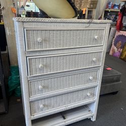 White Vintage Dresser Wicker Missing One Drawer