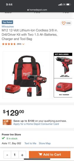 M12 12-Volt Lithium-Ion Cordless 3/8 in. Drill/Driver Kit with Two 1.5 Ah Batteries, Charger and Tool Bag