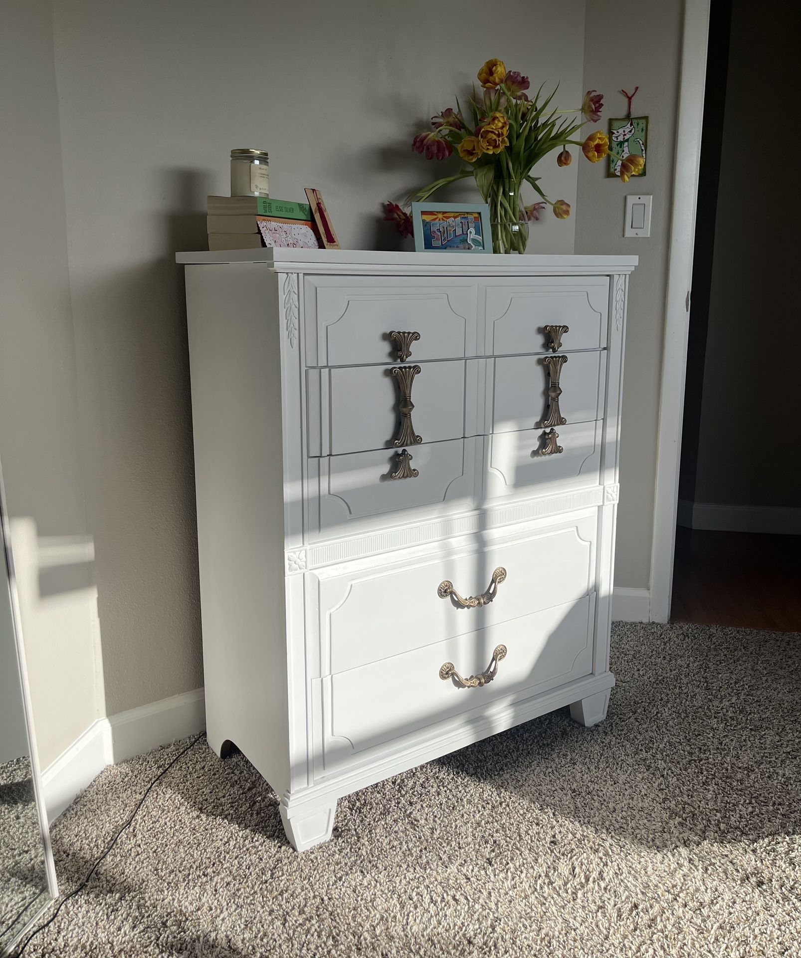 Vintage White Dresser with Antique Brass Hardware