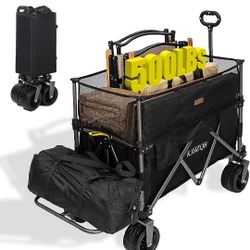 Foldable Wagon Cart with Wheels, Collapsible Foldable Extended Wagon with 500lbs Weight Capacity, 600L Heavy Duty Folding Utility Garden Cart