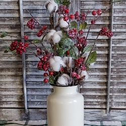 Ht-22in Width-18in HANDMADE Artificial Berries With Greenery/cotton In A Off-white Rustic Metal Vase 