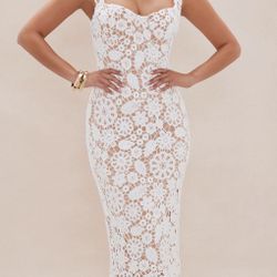 Mykonos Crochet Midi Dress White/Nude