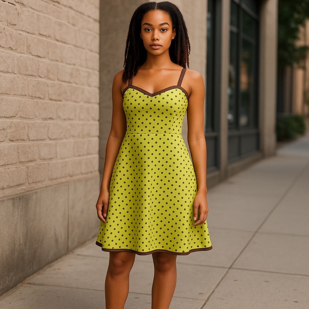 Kim Rogers Sleeveless Polka Dot Dress Knee Length Green Brown Ruched Back Sz 10