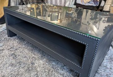 Modern Black Coffee Table Beaded Trim Rectangular Open Storage Shelf.