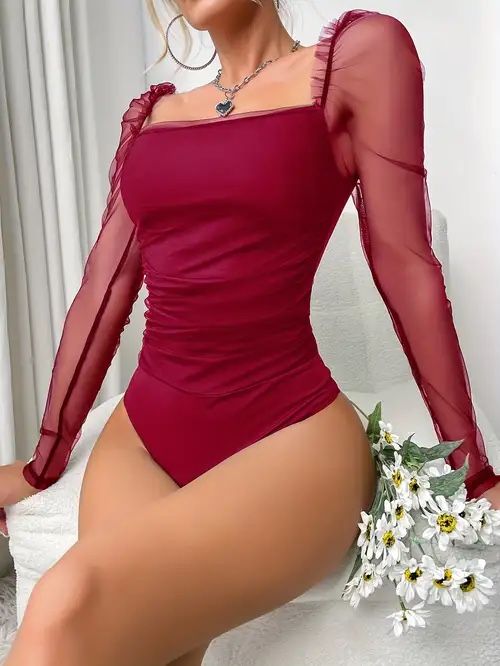 Burgundy Sheer Material Longsleeve Bodysuit