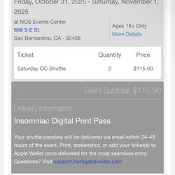 2 Saturday  ESCAPE - SHUTTLE PASSES -ORANGE COUNTY