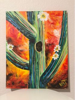 Original Painting Saguaro Cactus Owls