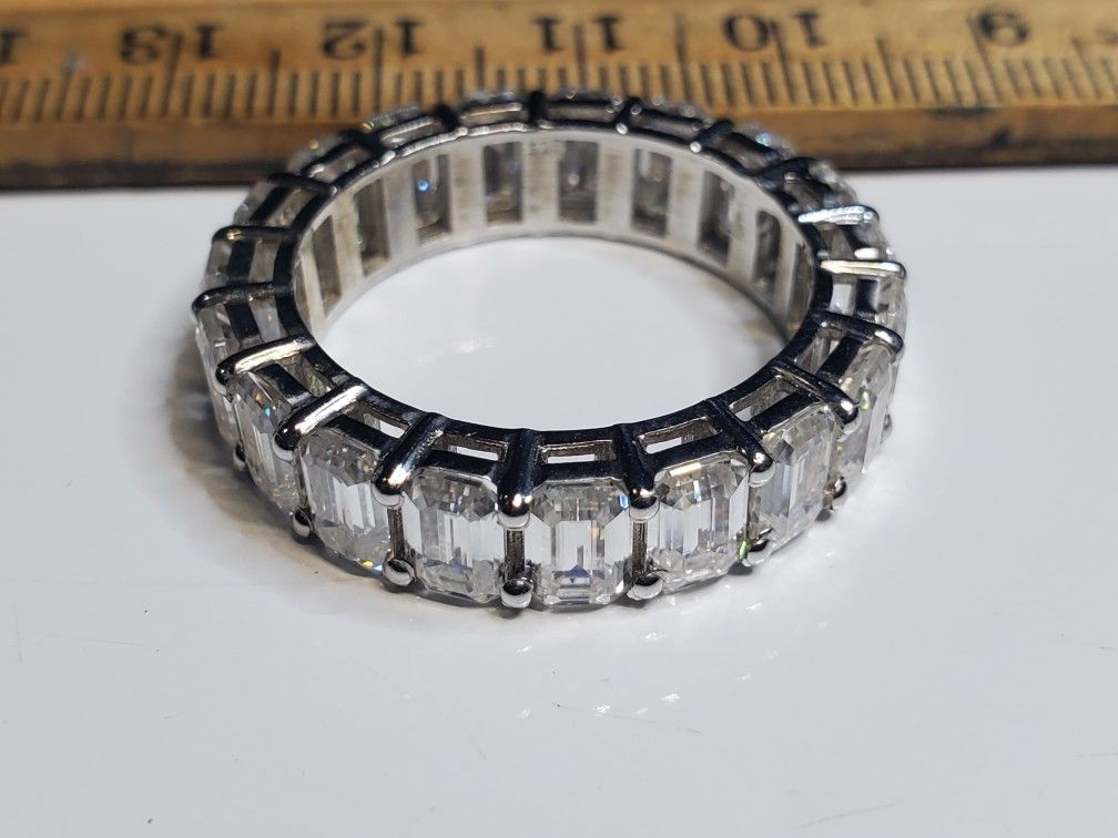 Moissanite Diamond Ring VVS White Passes Dismond Tester Sterling Silver Rhodium Plated, Eternity Mens Ring , Size 11,