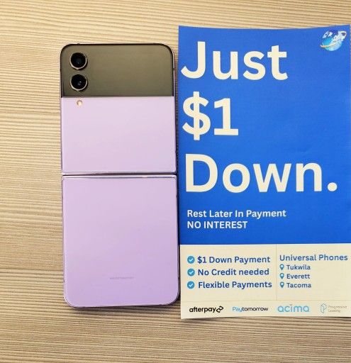Samsung Galaxy Z Flip4 128gb Unlocked FREE Smartwach/ Headphones. Pay $1 Today Rest in payments. NO CREDIT NEEDED FINANCING