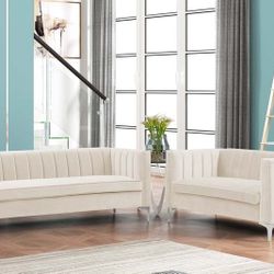 Modern 2 Pieces of Loveseat and Sofa Couch Set with Dutch Velvet Grey, Iron Legs