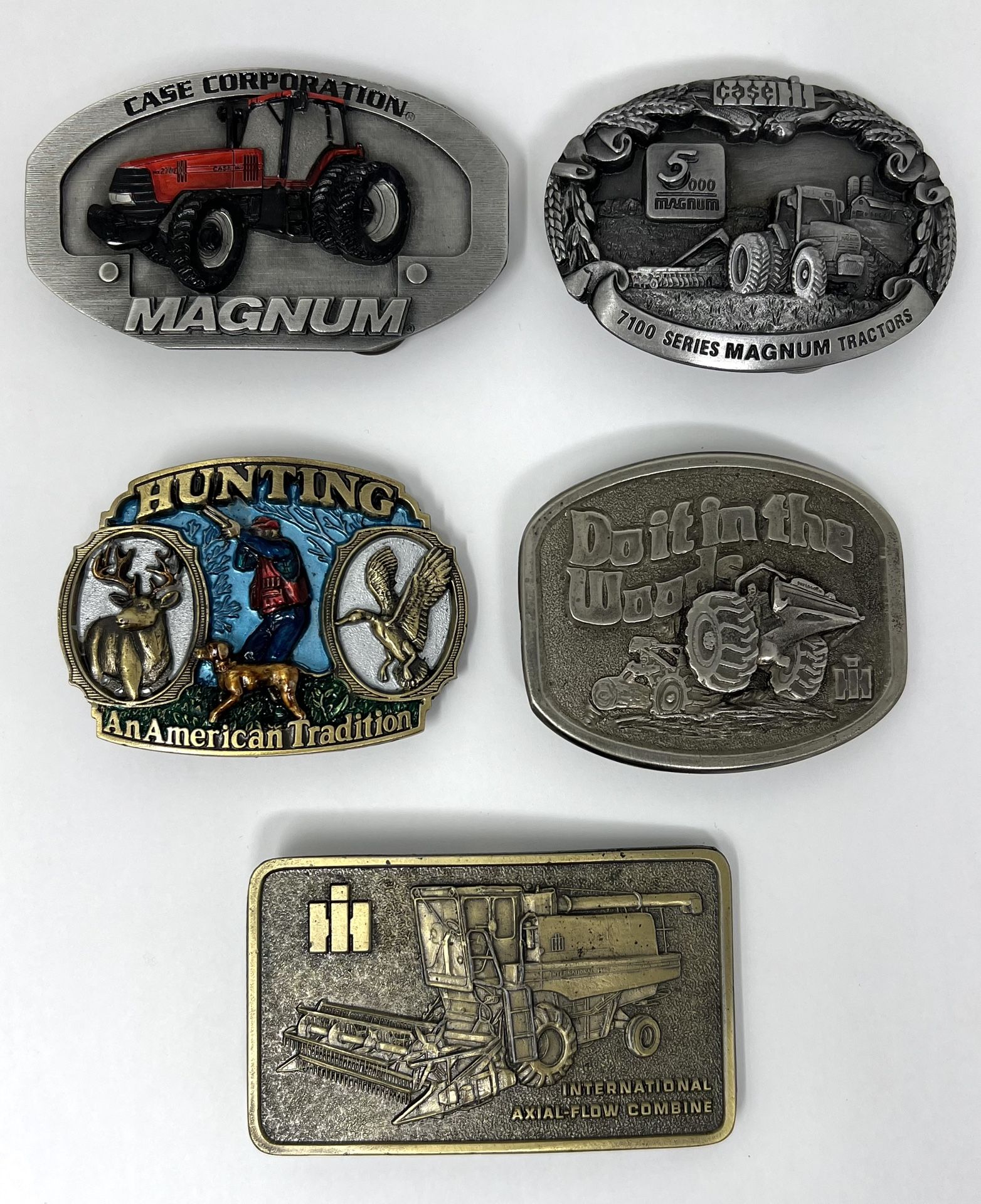 Vintage Lot of 5 Mixed Great American & IH Tractor, Hunting, Woods Belt Buckles