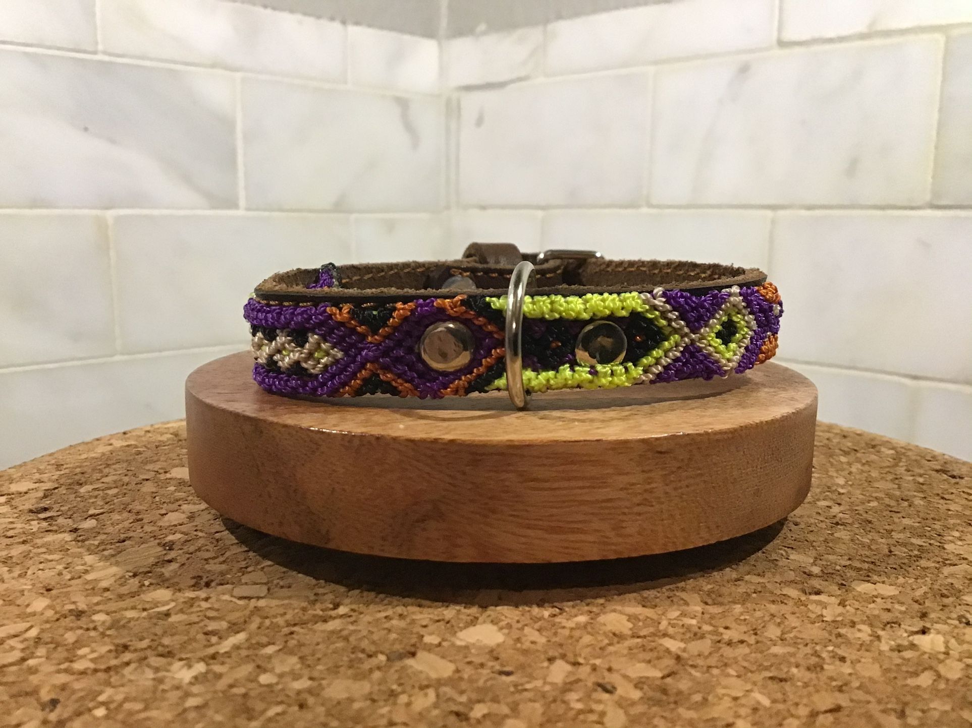 Handmade Dog Collar – 10” XS – Purple & Neon Artisan Weave