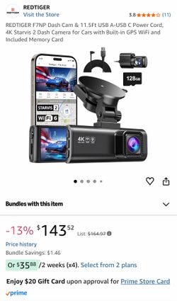 REDTIGER F7NP Dash Cam & 11.5Ft USB A-USB C Power Cord, 4K Starvis 2 Dash Camera for Cars with Built-in GPS WiFi
