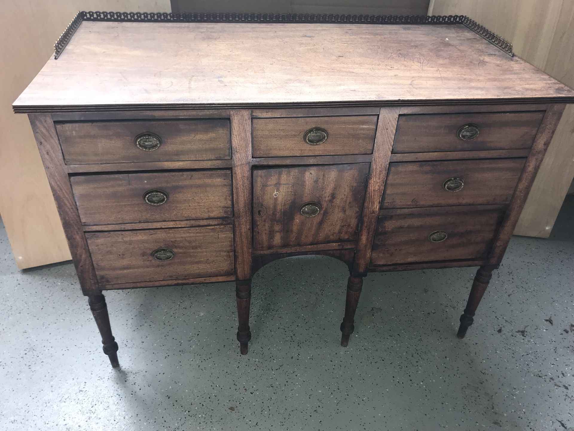 Fine early 1800s English serving cabinet. Ebony trim. Antique key and lock. Beautiful.