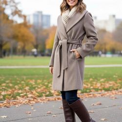 Calvin Klein Wool Blend Belted Trench Coat Jacket Beige Tan Women's M