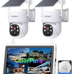Solar Security Cameras Wireless Outdoor with 10'' Monitor, 2pcs 2K Solar Powered Camera System, 360° PTZ, Color Night Vision,Human Detection,10CH NVR 