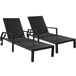 2pcs Outdoor Chaise Lounge Chair , All-Weather Rattan Adjustable Recliner for Pool, Patio & Garden , Dark brown