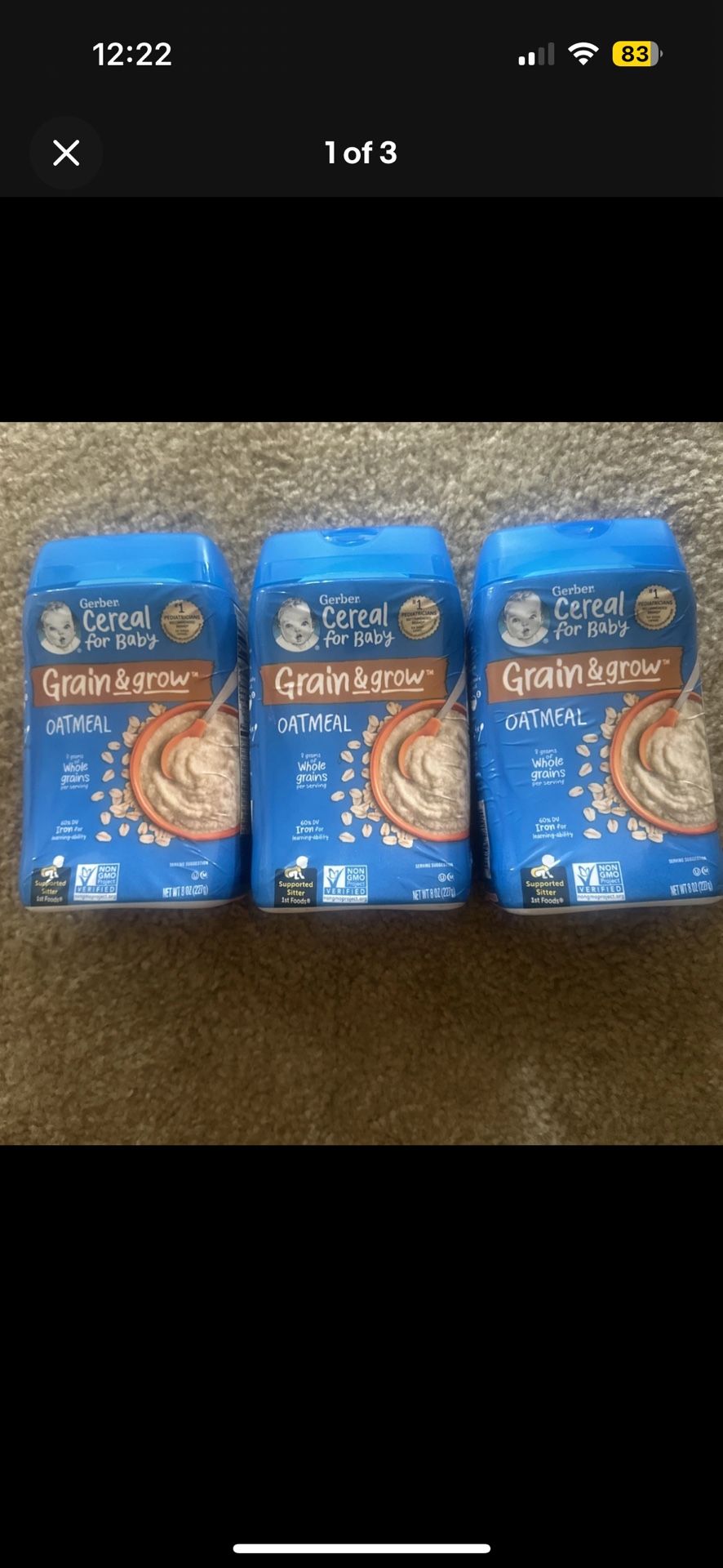 Cereal for Baby, Grain& Grow, 1st Foods Oatmeal, Pack Of 3. Free Ship. 8 Oz Each