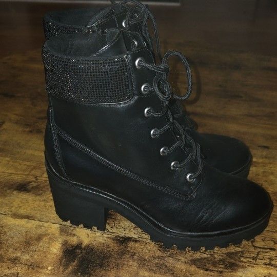 Black Lace Up Boots with Chunky Heel