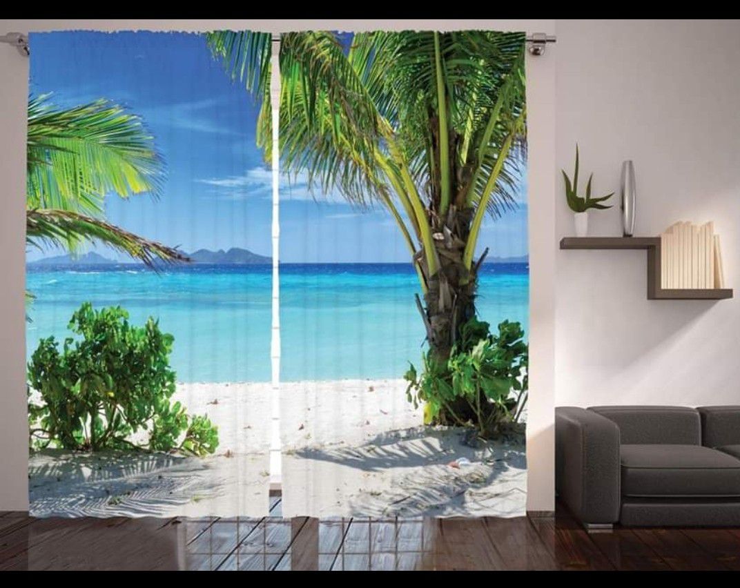 Palm Tree Curtains 108 x 84 Beach Ocean Backdrop Living Bed Room Decor Window Patio Door Tropical