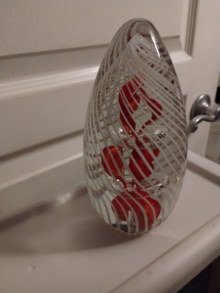 Red And White Spiral Glass Paperweight Decor