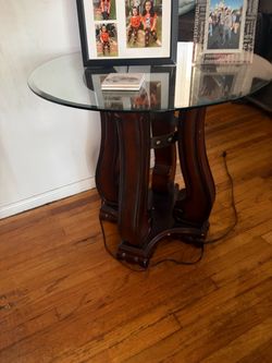 Round Glass Top Side Tables ( 2)with Wood Base