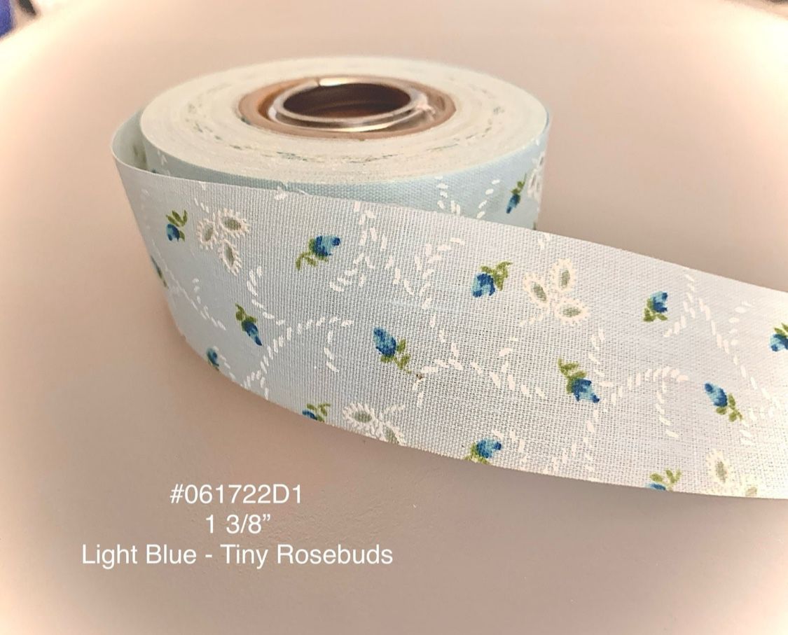 5 Yds of 1 3/8” Vintage Cotton Ribbon Blue W/Tiny Rosebuds #061722D1
