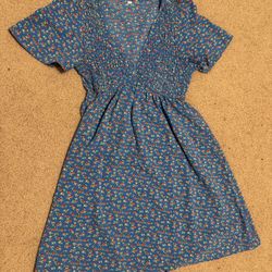 New small blue floral flower short boho spring dress smocked summer