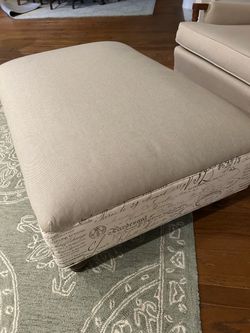NEW-Upholstered Ottoman with French Script Print