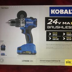 NEW NEVER USED KOBALT 24V MAX BRUSHLESS DRILL DRIVER SET RETAILS FOR 179.00 PLUS TAX 125.00 BUYS IT.