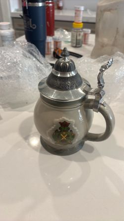 German Ceramic Beer Stein with Pewter Lid