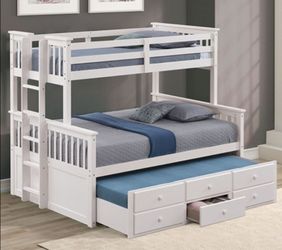 Brand New White Twin Over Full Bunk Bed w Trundle Bed + Drawers