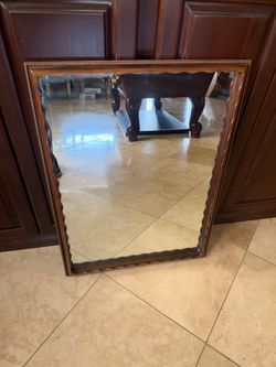 Vintage Wood Framed Beveled Wall Mirror – Decorative Scalloped Frame