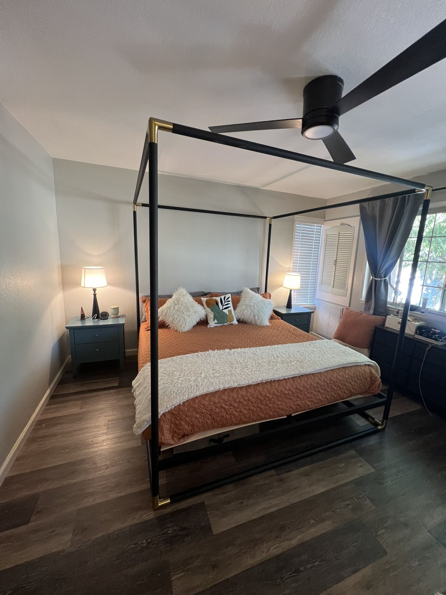 CB2 Black And Brushed Brass King Canopy bed 