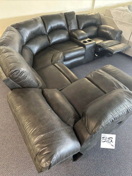 Ashley Tambo Dark Gray L Shape Leather Reclining Sectional Couch With Cup Holders| Brand New| Color Options| Home Theater Living Room Set|
