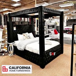 Luxurious Black Velvet Four-Poster Canopy Queen Bed with Tufted Headboard