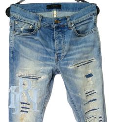 Amiri Men's Staggered Logo Skinny Jeans Light Blue Denim Size 29, 45 IT