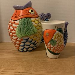 Vintage Watercolor Painted Koi Pitcher And Cup 9” B14