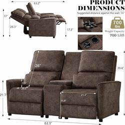 63'' RV Loveseat Recliner Sofa, Velvet Fabric Double Camper Couch 2 Seater Recliner with Console, Home Movie Theater Seating Chair, 2 Person Push Back