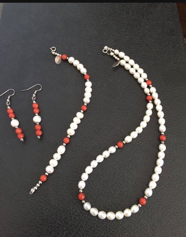 Fresh Water Pearl And Coral Set Necklace Bracelet Earrings