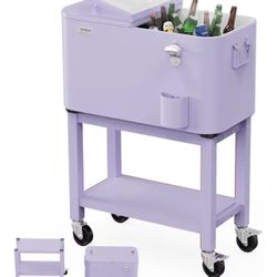 Outvita 80 Quart Rolling Ice Chest, Portable Bar Drink Cooler with Catch Basin, Bottom Storage Tray and Bottle Opener for Patio Party BBQ Beach Activi