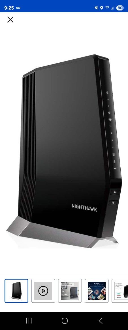 NETGEAR - Nighthawk AX6000 Wi-Fi 6 Router with DOCIS 3.1
Cable Modem - Black
Model: CAX80-10ONAS