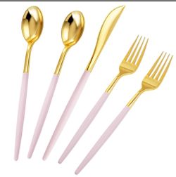 Rubtlamp 90Pcs Gold Plastic Silverware, Gold Plastic Utensils With Pink Handles Include 30 Plastic Gold Knives, 60 Plastic Forks And Spoons, Pink Plas