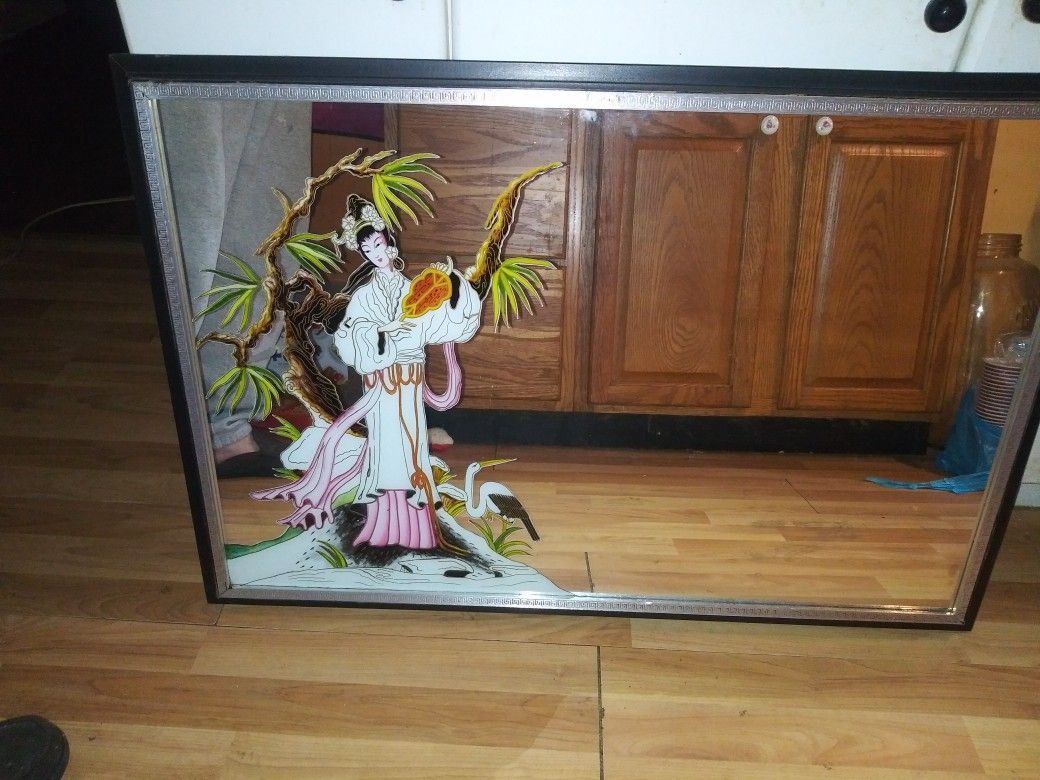 Vintage Antique Mirror With Giesha Girl On It