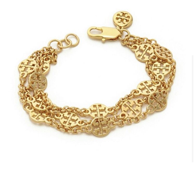 Gold Tory Burch T LOGO ROUND DISC TRIPLE CHAIN BRACELET