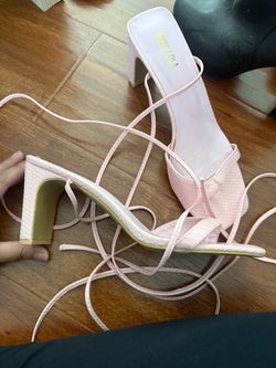 Miss Lola Pink Lace-Up Block Heel Sandals