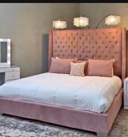 NEW KING SIZE PINK VELVET 6ft TALL BED WITH MATTRESS AND FREE DELIVERY ORDER HERE AND PAY UPON ARRIVAL