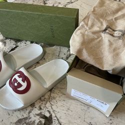 Gucci Slides Women Size 6 Europe 36 White With Red Logo